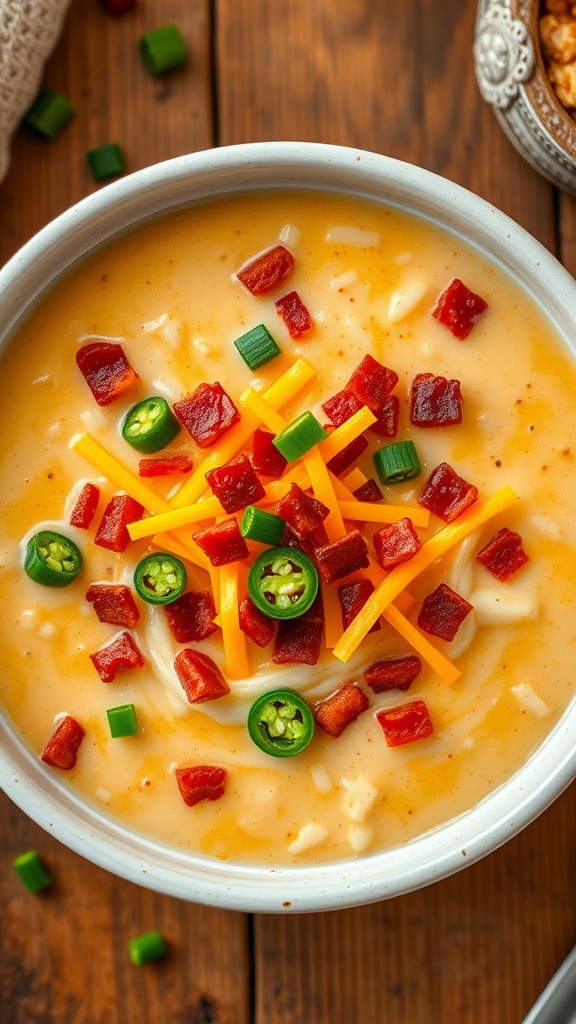 A bowl of jalapeño popper soup with cheese and bacon on a rustic wooden table.